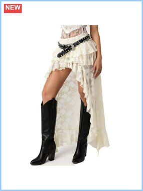 Boho Lace Ruffle Maxi Skirt High Low Sheer Mesh Layered